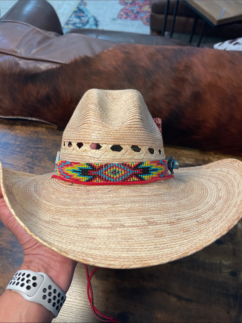 Women’s Straw Cowboy Hat with Multicolor Beaded Band, accent pins, hat clip - Picture 2 of 14